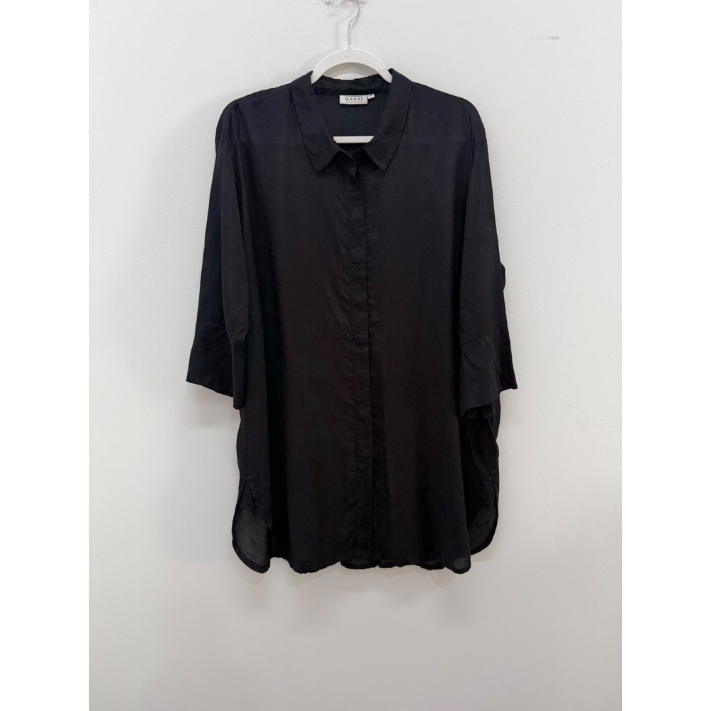 Masai Tunic Top Crinkle Button Up Size M Black Oversized 3/4 Sleeve Top